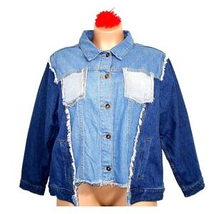 Mod X Women Denim Jacket 2X Blue Jean Colorblock Distressed Destroyed Multi Wash